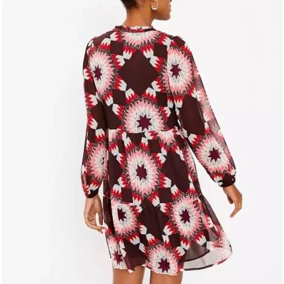 ANN TAYLOR LOFT Patchwork Tie Neck Flounce Dress Quilted Long Sleeve Brown Sz M - Picture 3 of 9